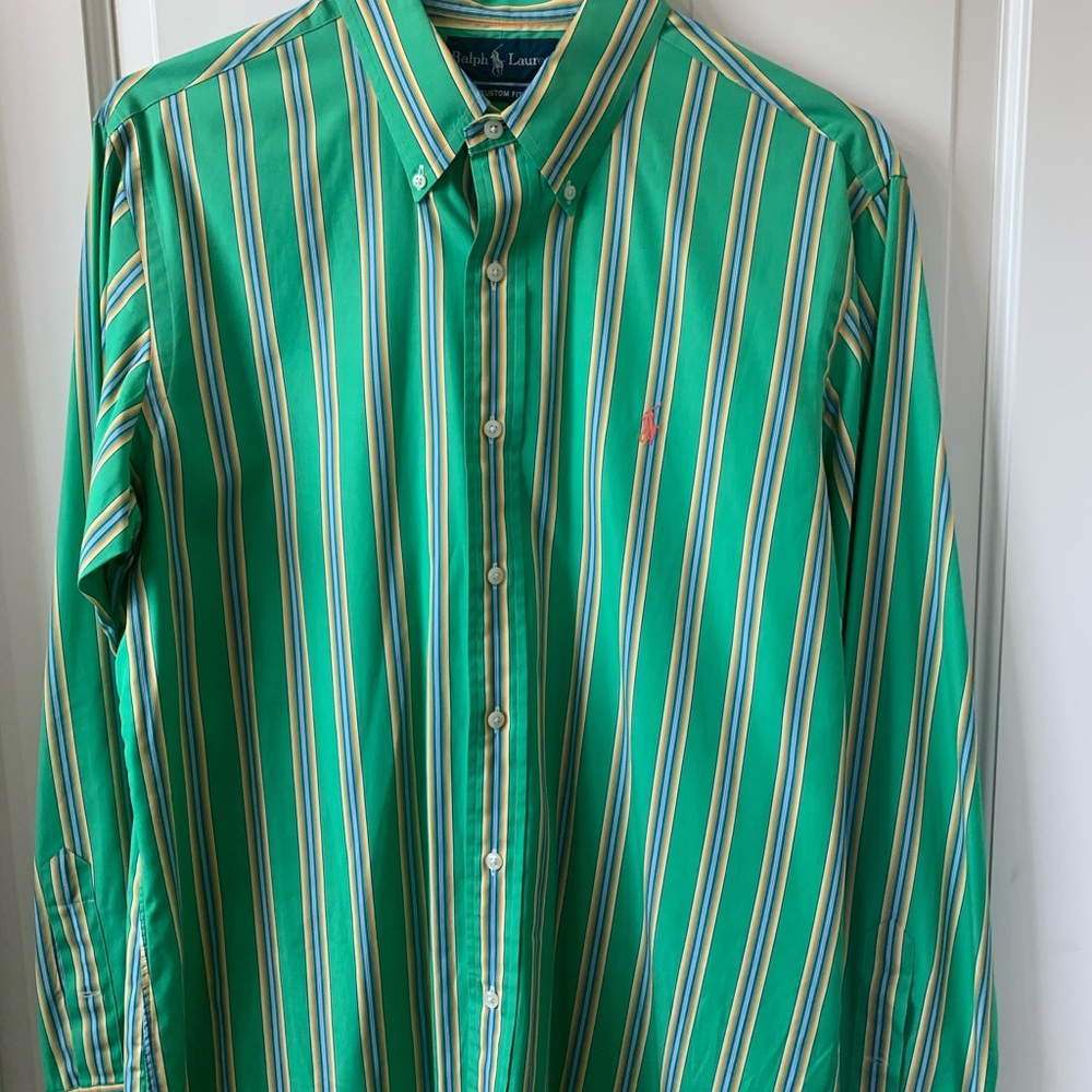 Green with multi colored strip Polo button down